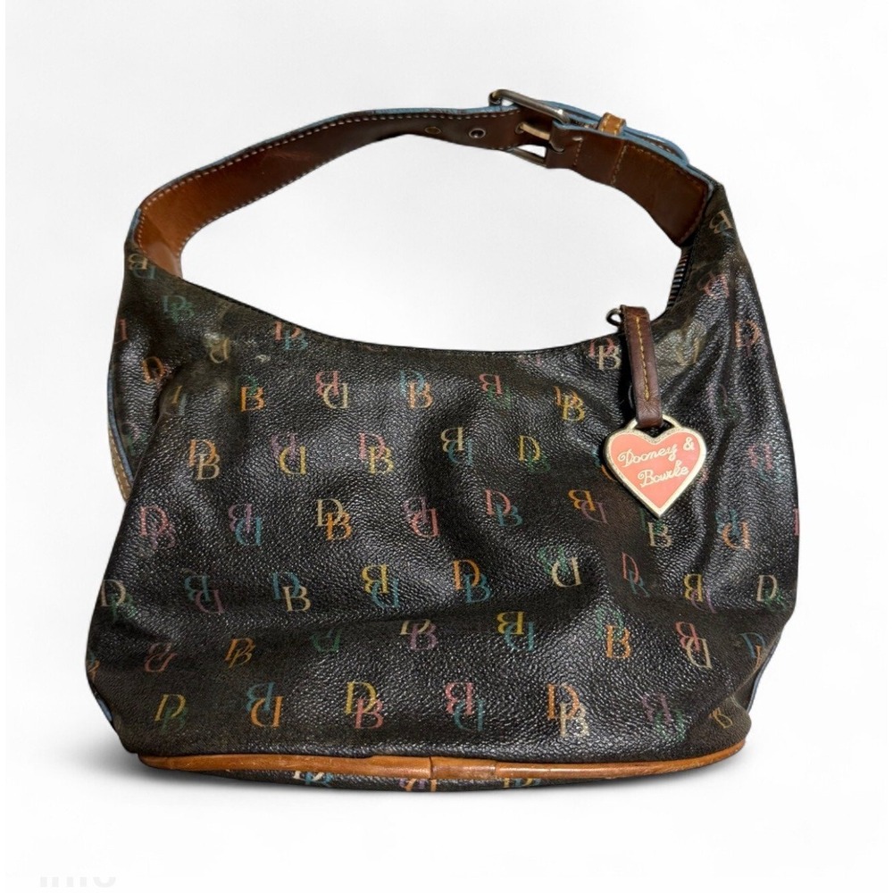 VTG Dooney & Bourke Multicolor Monogram Hobo Shoulder‎ Bag Brown Leather Charm